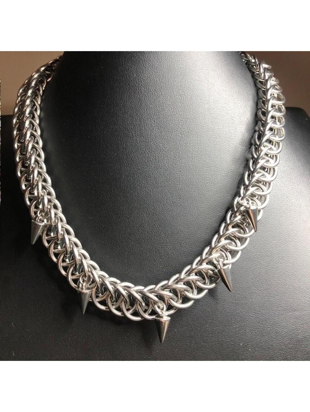 B4432 THE CURSED CHAINS Chainmail Necklace collar Spiked Punk Goth Silver 15-18"
